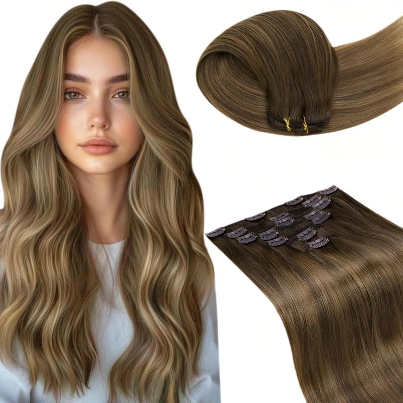 LaaVoo Clip in Hair Extensions Real Human Hair Brown Balayage # 8 Mix Golden Blonde Human Hair Clip in Extensions Blonde Balayage Real Hair Extensions Clip ins Full Head 16 Inch 7pcs 120g - Image 1